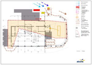 Situatietekening met onder andere bouwveiligheidszone, hijszones, hijsgebied, losplaats en maatregelen voor bereikbaarheid. (Foto: Aboma)